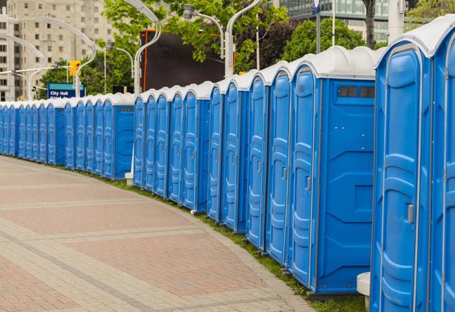 Seasonal porta potty units set up at a Lake Elsinore, California venue